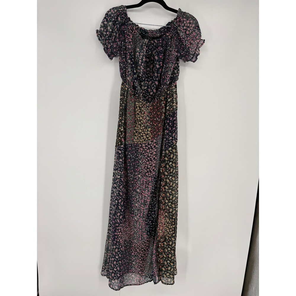 Lulus Maxi Dress Women M Multi Color Patchwork Floral Smocked Puff Sleeve Boho